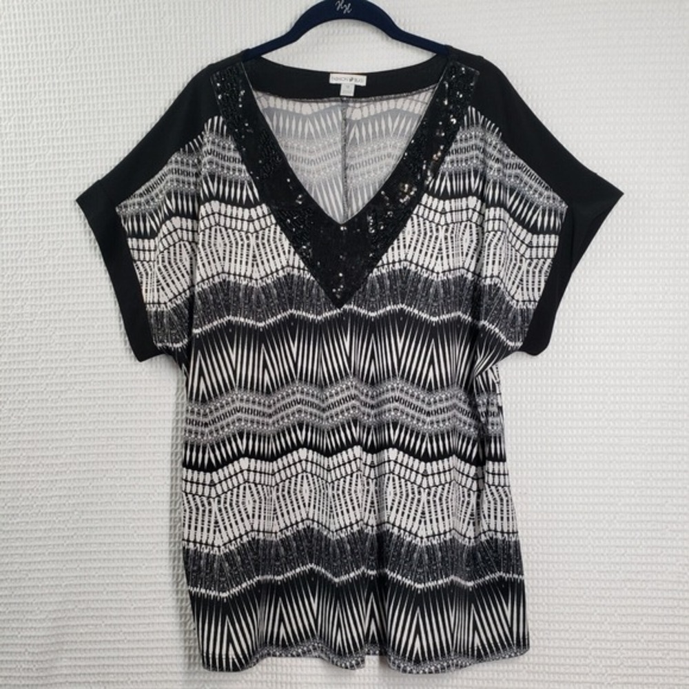 Fashion Bug Tunic Womens 1X Black White Sequin Beaded Y2K Short Sleeve V Neck‎
